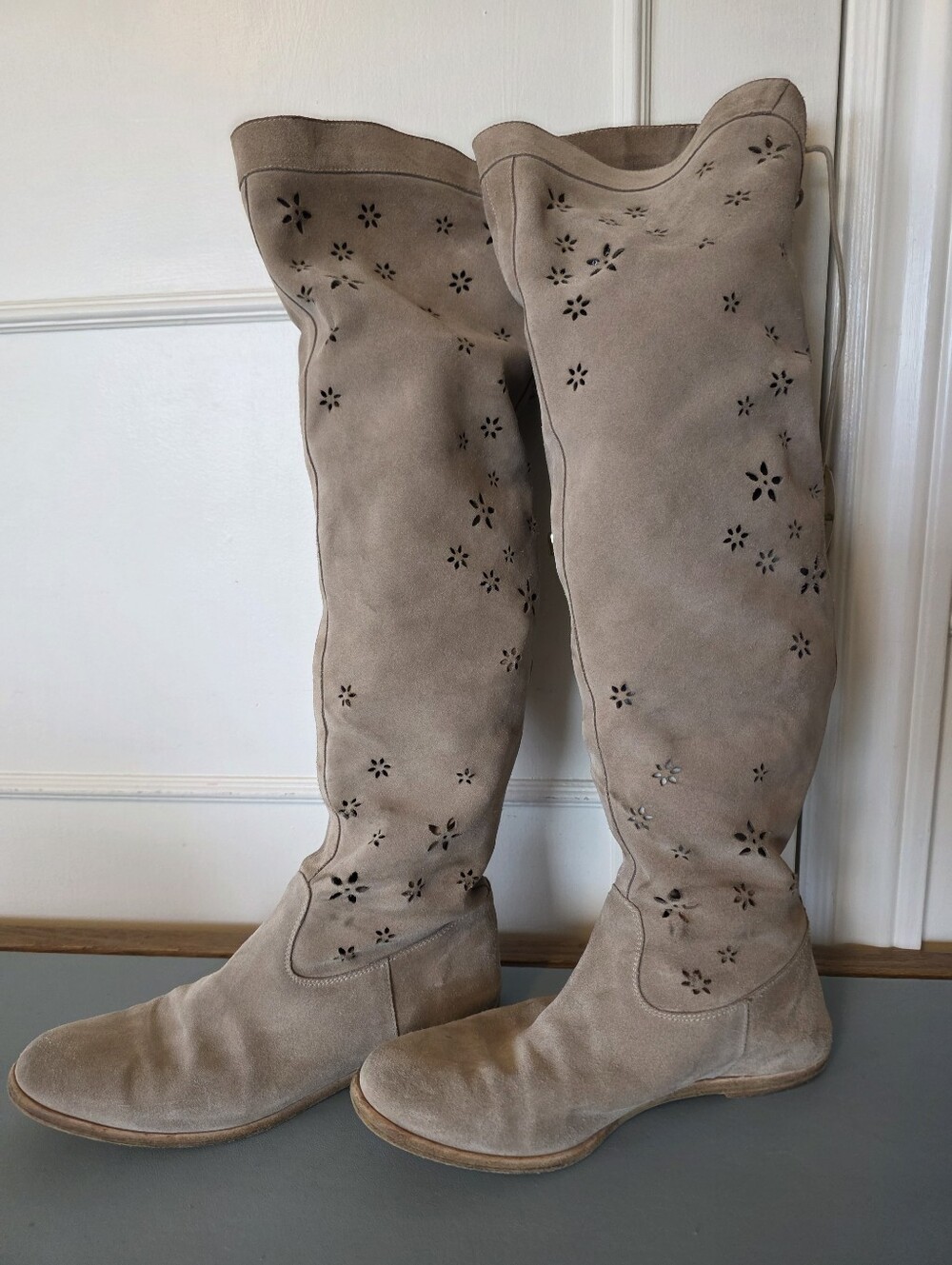 Marc Cain Taupe Suede Over-Knee Boots with Floral Cutouts, Sz 37, boho, festival